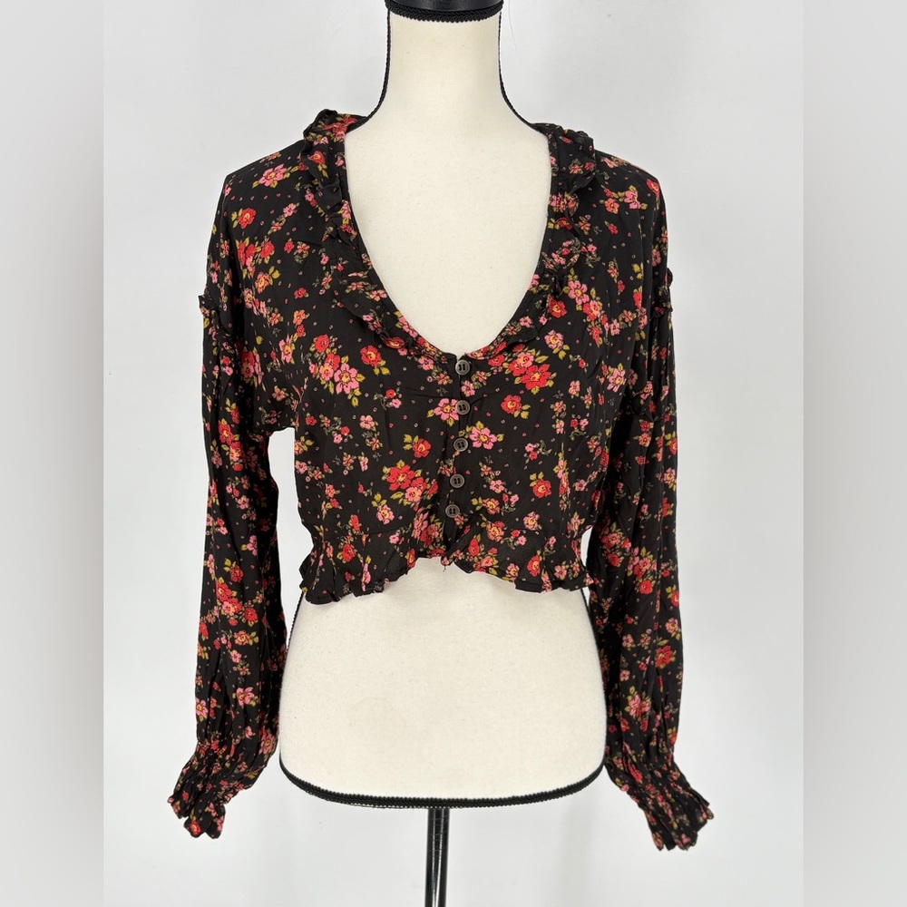 Free People Womans Secret Garden Blouse Crop Top Size S Red Floral Print Casual